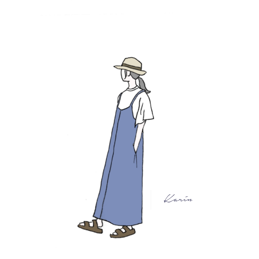 製作中 児島デニムの大人可愛いロングサロペットスカート イラストです ナチュラル服とデニム Crepuscule クレプスキュール